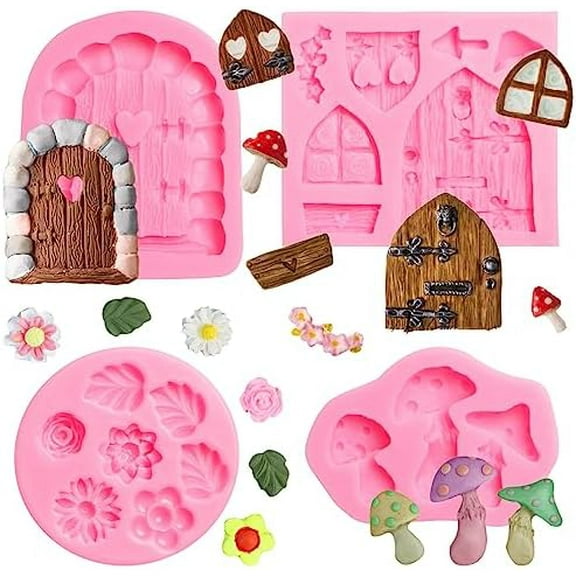 Fairy Garden Door Silicone Molds, Enchanted Vintage Gnome Home Window Door Fondant Molds, Mushroom Flower Leaf Chocolate Baking for Cake Decoration Cupcake Topper Candy Clay Resin