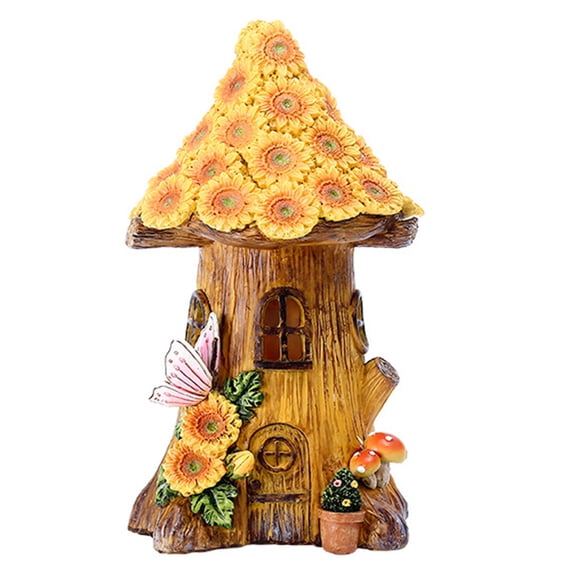 Fairy Garden House Solar Garden Statue Sculpture Outdoor Miniature Statue Tree House Decoration Lawn Yard Decoration