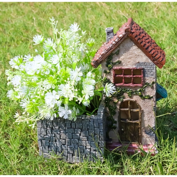 Fairy Garden LED Light Mediterranean Floral Planter Mini House With Grey Stones
