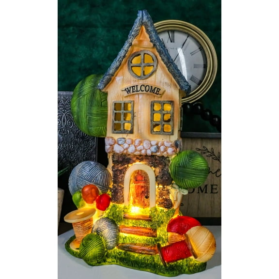 Fairy Garden LED Light Up Cottage House With Colorful Yarn Wool Welcome Sign