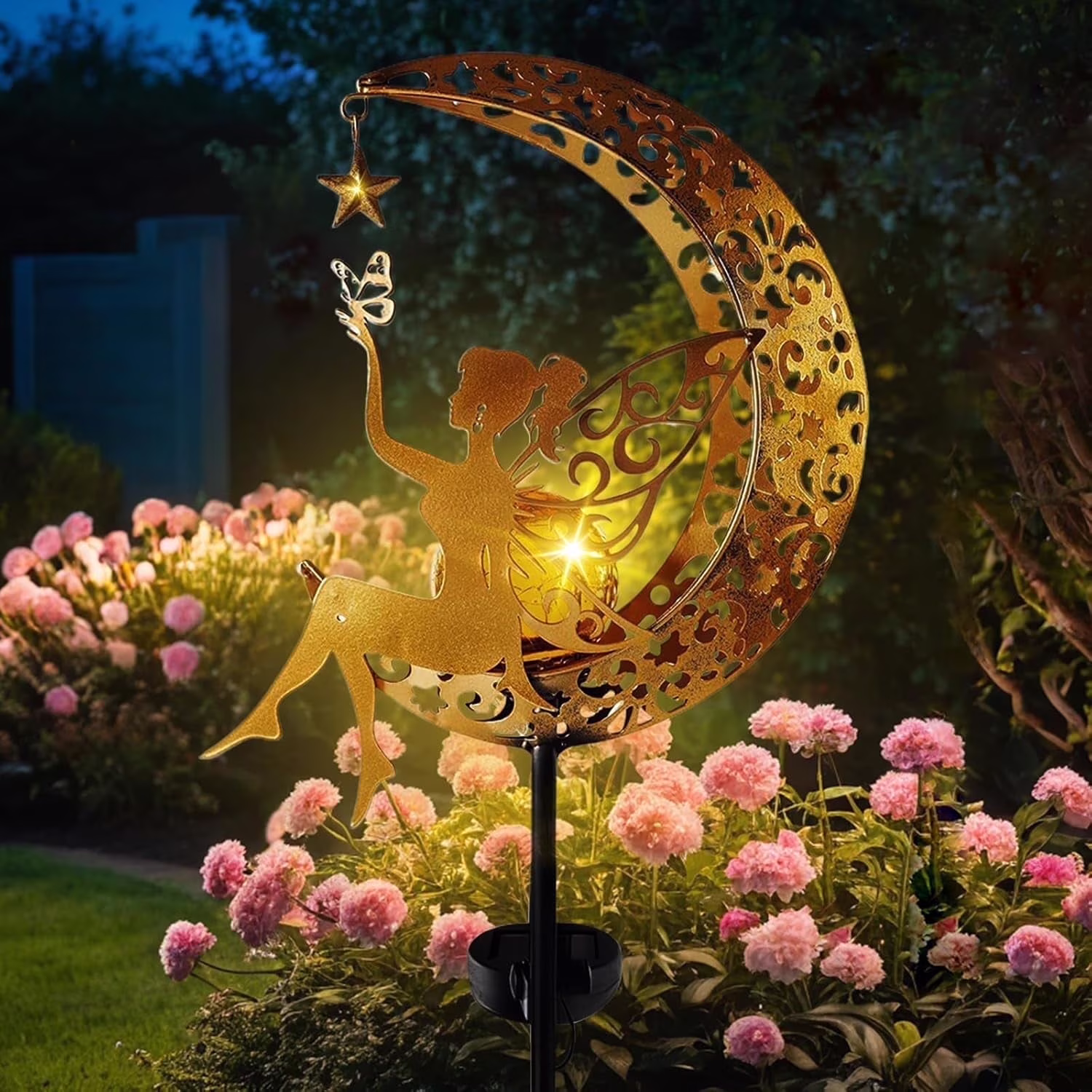 Fairy Garden Solar Lights, Fairy Moon Figurine Light Stake, Yard Decorations Outdoor Garden Decor statues, Vintage Gold