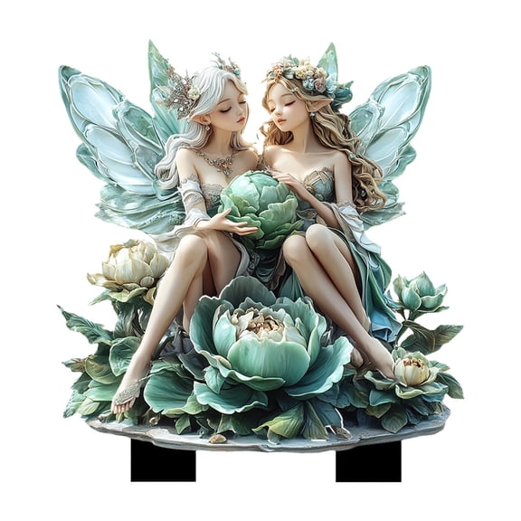 Fairy Garden Stake Decorative, 2D Flat Acrylic Flower Elf Decor Panel, Fairy with Magic Sign for Indoor Outdoor Garden Yard Lawn Pot (2 Green Flower Fairies)