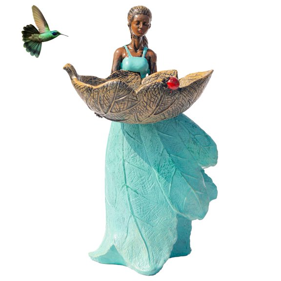 Fairy Garden Statue Bird Feeder Resin Outdoor Indoor Decoration 10x5.5x5.9 Inches Blue
