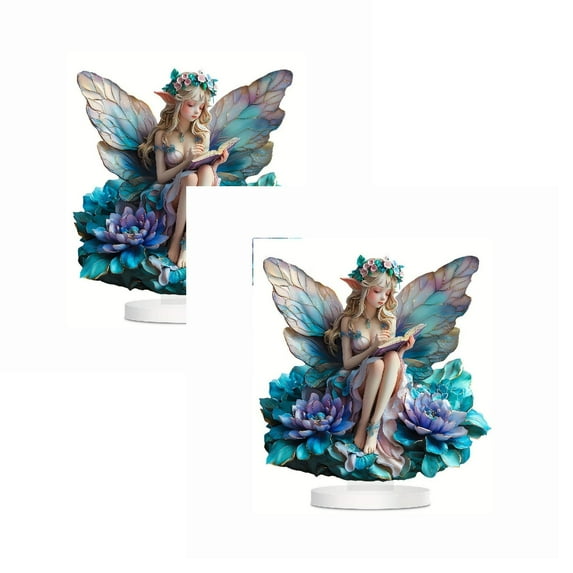 Fairy Garden Statue Decor,Butterfly Flower Elf Reading Book Statue Ornaments,Acrylic 2D Fairy Tabletop Decoration,Home Festival Party Decor