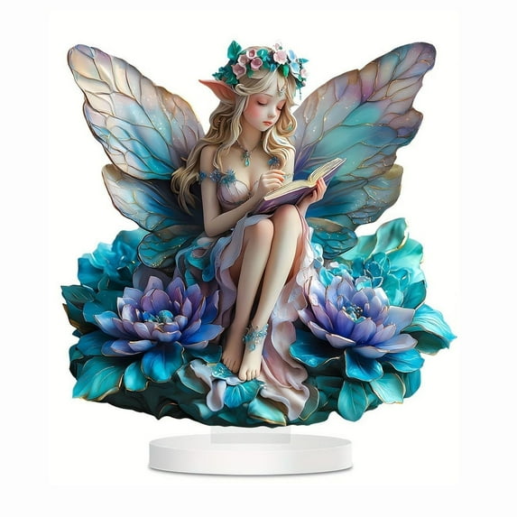 Fairy Garden Statue Decor,Butterfly Flower Elf Reading Book Statue Ornaments,Acrylic 2D Fairy Tabletop Decoration,Home Festival Party Decor