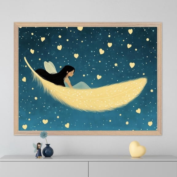 Fairy Girl Dreamy Whimsical Wall Art Enchanted Night Sky Decor Magical Feather Unframed Paper Poster 24x36in