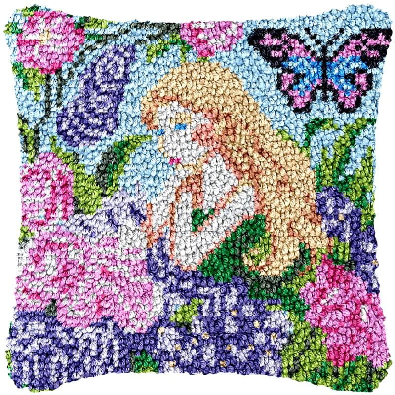 Fairy Girl Latch Hook Pillow Cover Kits for DIY Handmade Throw Pillow Cross Stitch Latch Hook Pillowcase Rug Kits with Preprinted Color Pattern Canvas Crochet Yarn Kits 17''X 17''(fv33)