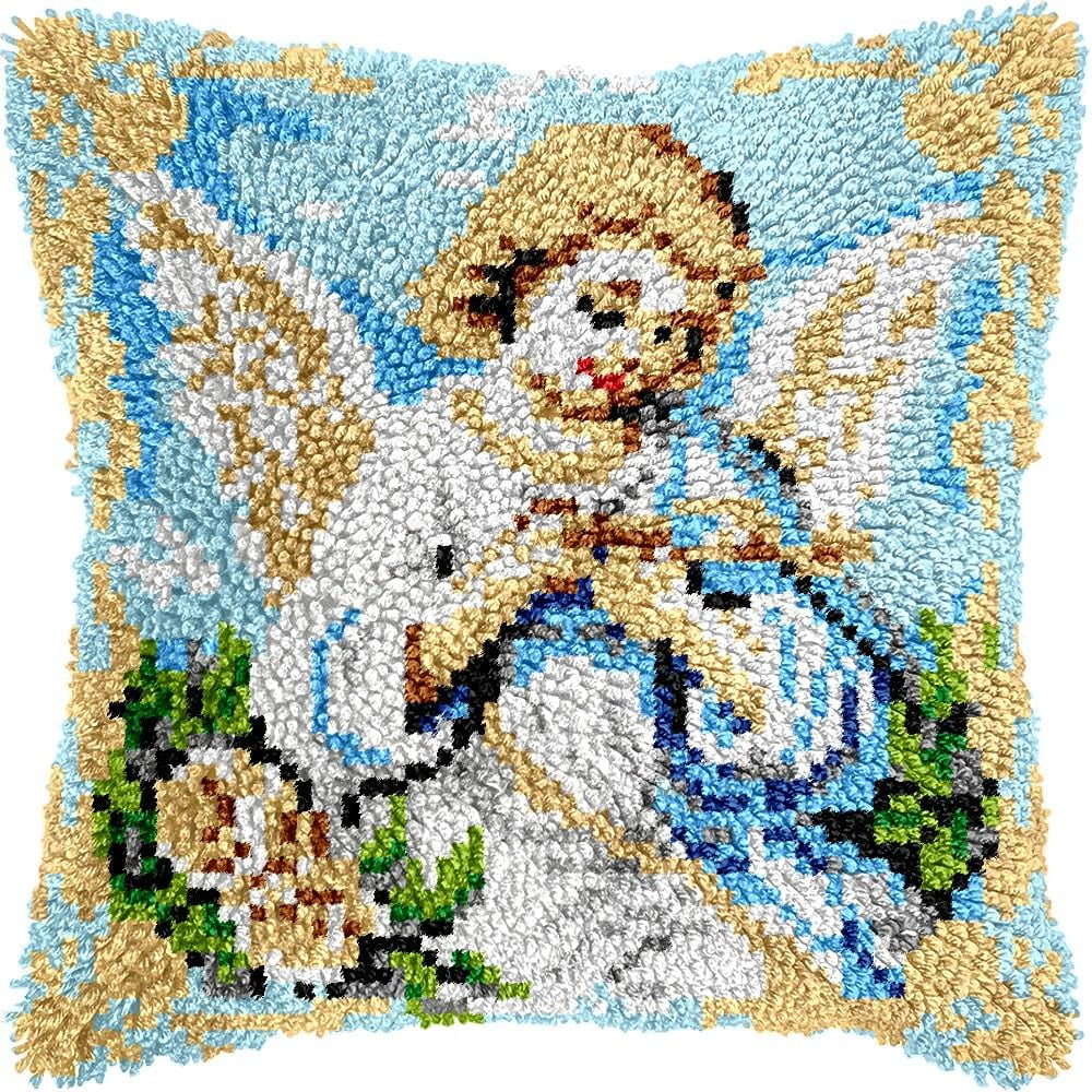 Fairy Girl Latch Hook Pillow Kits for DIY Throw Pillow Cushion Embroidery Latch Hooking Pillowcase Kits with Preprinted Canvas Crochet Yarn Kits for Home Decor 17''X 17''(j100)