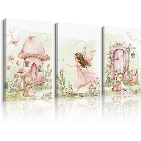 Fairy Girl Nursery Wall Art Magic Canvas Wall Decor Fairy Garden Poster Fantasy Nursery Prints Fairytale Butterfly Flower Pictures Bunny Deer Painting Artwork for Girls Bedroom 12x16x3 Inch Unframed
