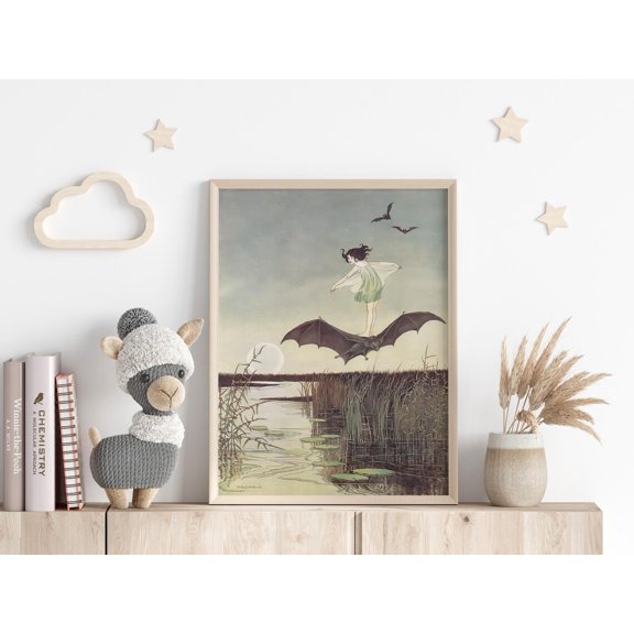Fairy Girl Riding on Bat Illustration Vintage Fairytale Wall Art Children Room, Unframed Canvas 12x16in