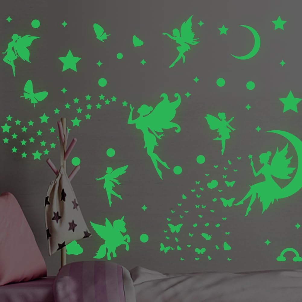 Fairy Girls Ceiling Stickers Glow in The Dark Stars for Ceiling Fairy Butterfly Wall Decals Luminous Stars self-Adhesive Space Wall Stickers DIY Art for Kids Nursery Living Room Wall Decor