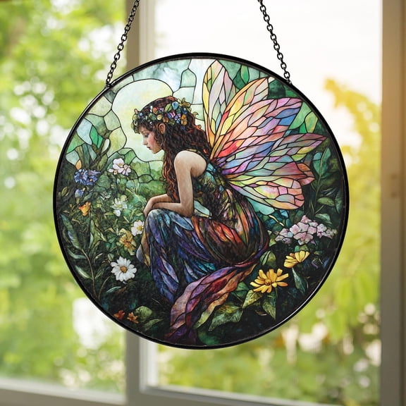 Fairy Glass Suncatcher, Enchanted Garden Window Hanging, Boho Fantasy Decor, 6.3 in