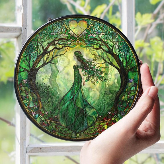 Fairy Glass Suncatcher v3, Whimsical Forest Window Hanging Art, Gardener Nature, 6.3 in