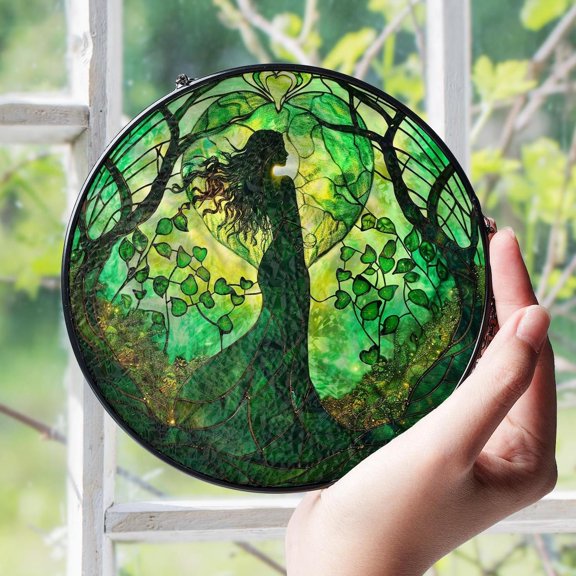 Fairy Glass Suncatcher v4, Whimsical Forest Window Hanging, Gardener Nature, 7.9 in