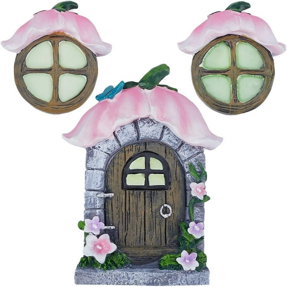 Fairy Gnome Door Windows Home Tree Decor Glow in Dark Miniature Fairies Sleeping Door Art Sculpture for Wall Trees House Outdoor Garden Yard Lawn Decorations Mini Ornament