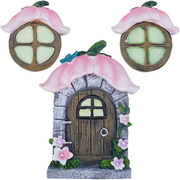 Fairy Gnome Door Windows Home Tree Decor Glow in Dark Miniature Fairies Sleeping Door Art Sculpture for Wall Trees House Outdoor Garden Yard Lawn Decorations Mini Ornament Colorful