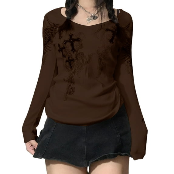 Fairy Grunge Long Sleeve Crop Top for Women Y2k Cross Wings Print Shirt Top Vintage Harajuku Tee Streetwear