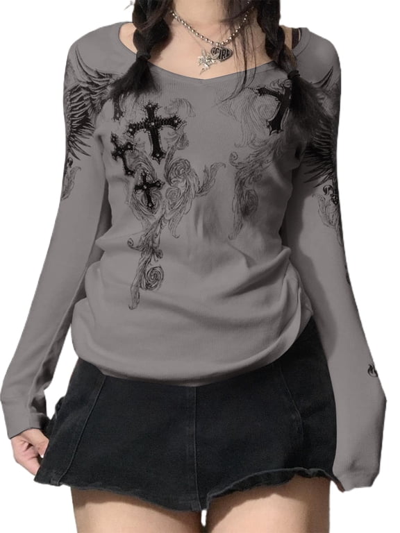 Fairy Grunge Long Sleeve Crop Top for Women Y2k Cross Wings Print Shirt Top Vintage Harajuku Tee Streetwear