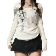 Fairy Grunge Long Sleeve Crop Top for Women Y2k Cross Wings Print Shirt Top Vintage Harajuku Tee Streetwear