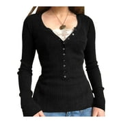 Fairy Grunge Shirts for Women Y2K Tops Long Sleeve Lace Patchwork Tees Teen Girls Vintage Slim Blouse Spring Fall Clothes