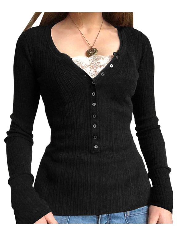 Fairy Grunge Shirts for Women Y2K Tops Long Sleeve Lace Patchwork Tees Teen Girls Vintage Slim Blouse Spring Fall Clothes