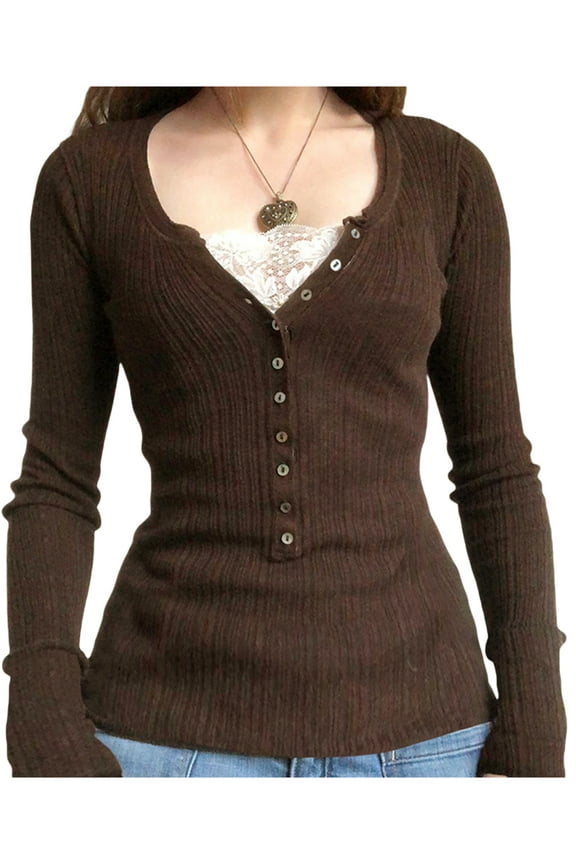 Fairy Grunge Shirts for Women Y2K Tops Long Sleeve Lace Patchwork Tees Teen Girls Vintage Slim Blouse Spring Fall Clothes