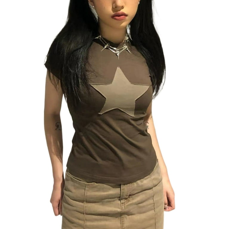 Fairy Grunge Y2k Shirts Vintage Star Print Aesthetic Crop Tops Short Sleeve  90s E Girls Slim Fit Summer Tees
