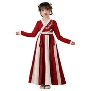 Fairy HanFu Dresses Chinese Style Princess Dresses Long-Sleeve Red Performance Costumes with Belt for Girl 4-16 Years