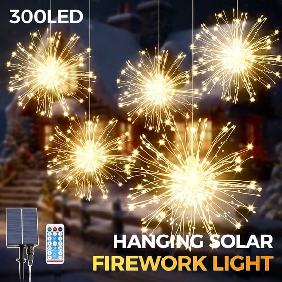 5pcs Fairy Hanging Firework Lights 300 LEDs Solar Powered with Remote Control Waterproof for Garden Gazebo Tree Decor