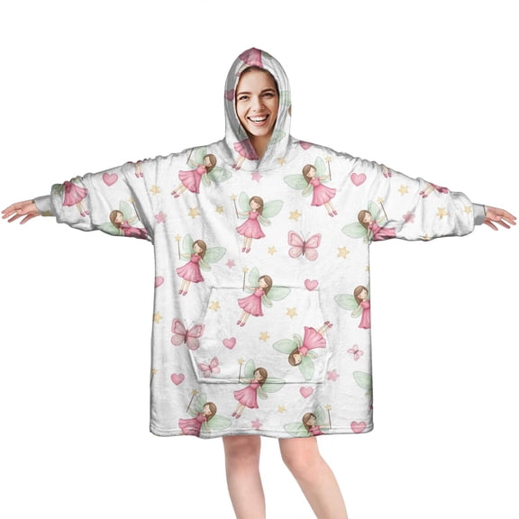 Fairy Heart Pattern Wearable Oversized Blanket,Wearable Blanket Hoodie for Adults,Cozy Hooded Blankets with Super Pockets,Super Warm Fuzzy Pullover for Women & Men