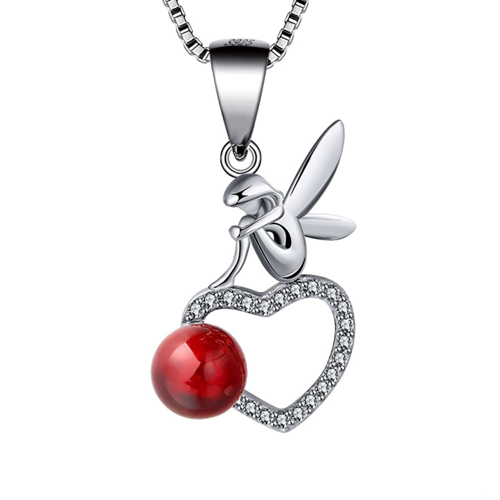 Fairy Heart Pendant Necklace for Women Sterling Silver Red Garnet
