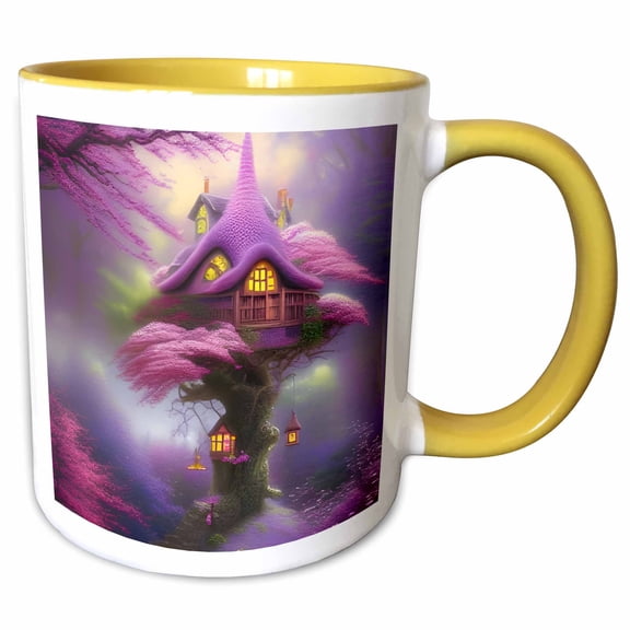 3drose, Fairy House Cherry Blossom Tree Fantasy, 11oz Two-tone Yellow Mug