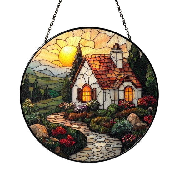 Fairy House Cottage Garden Stained Glass Suncatcher, Round Window Panel with Storybook Style for Light Filled Home Decor