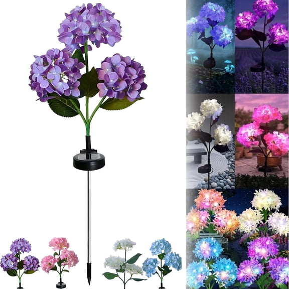 Fairy Hydrangea Lights, 3-Head Solar Garden Stake Decor, Outdoor Waterproof Colorful LED Flower Stakes, Realistic Hydrangea Solar Flowers for Pathway, Patio, Yard and Landscape (Purple, 1)