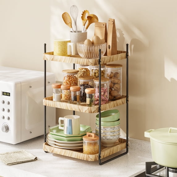 Fairy Kitchen Countertop Organizer, 3-Tier Wood and Metal Shelf, 11.8"x11.8"x19" for Home & Office