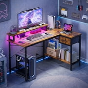 Fairy L Shaped Gaming Desk with Power Outlets and LED Lights, 43 Inch Computer Desk with Charging Port Rustic Brown