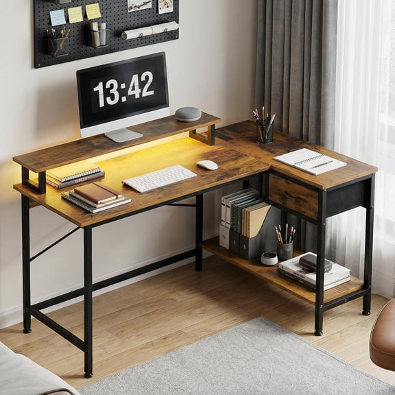 Fairy L Shaped Gaming Desk with Power Outlets and LED Lights, 43 Inch Computer Desk with Charging Port (Rustic Brown)