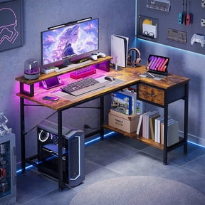 Fairy L Shaped Gaming Desk with Power Outlets and LED Lights, 43 Inch Computer Desk with Charging Port (Rustic Brown)