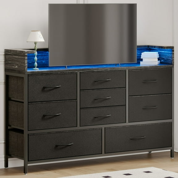 Fairy LED Dresser for Bedroom with 9 Drawers, Charging Station, PU Fabric Finish TV Stand for Living Room, Black