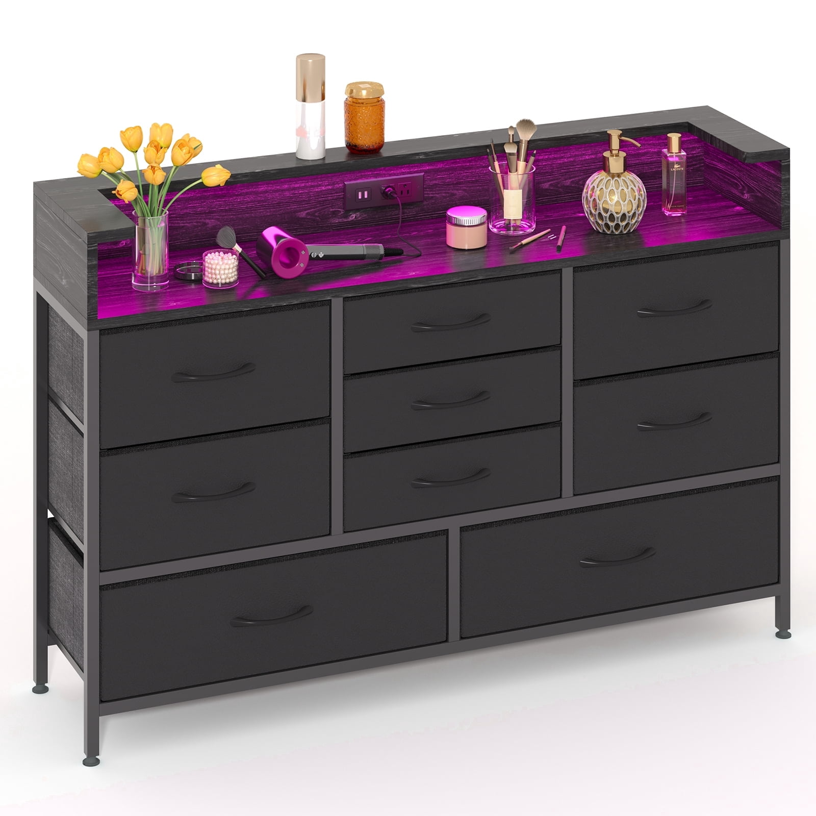 Fairy LED Dresser for Bedroom with 9 Drawers, Charging Station, PU Fabric  Finish TV Stand for Living Room, Black - Walmart.com
