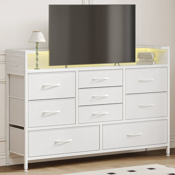 Fairy LED Dresser for Bedroom with 9 Drawers, Charging Station, PU Fabric Finish TV Stand for Living Room, White