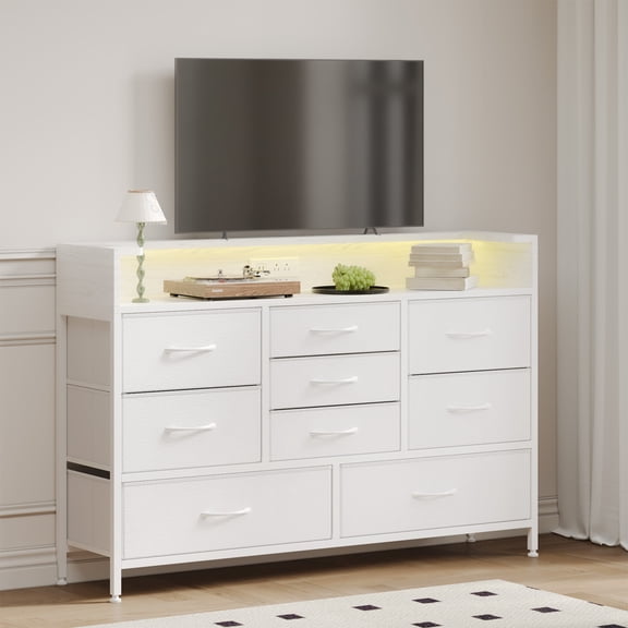 Fairy LED Dresser for Bedroom with 9 Drawers, Charging Station, PU Fabric Finish TV Stand for Living Room, White