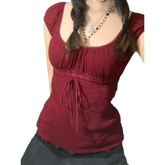 Fairy Lace Grunge Aesthetic Short Shirts for Women Square Neck Short Sleeve Vintage Graphic Print Lace Summer Tee