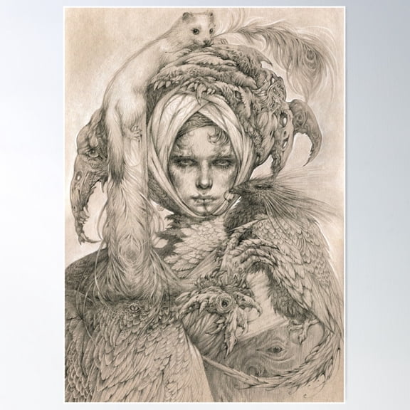 Fairy Lady With Ermine And Birds Poster Wall Art, Modern Wall Decor For Living Room Bedroom, 16x24 UNFRAMED
