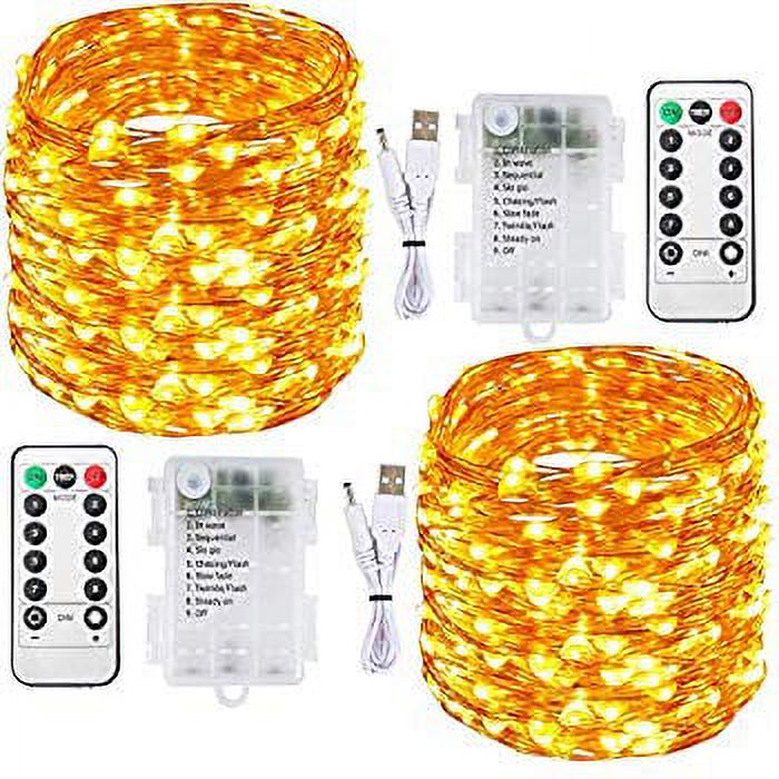 Fairy Lights 2 Pack 100 LED 33 FT Copper Wire Christmas Lights USB & Battery Powered Waterproof LED String Lights with 8 Modes for Indoor Outdoor Bedroom Wedding Party Patio Decor, Warm White - image 1 of 4