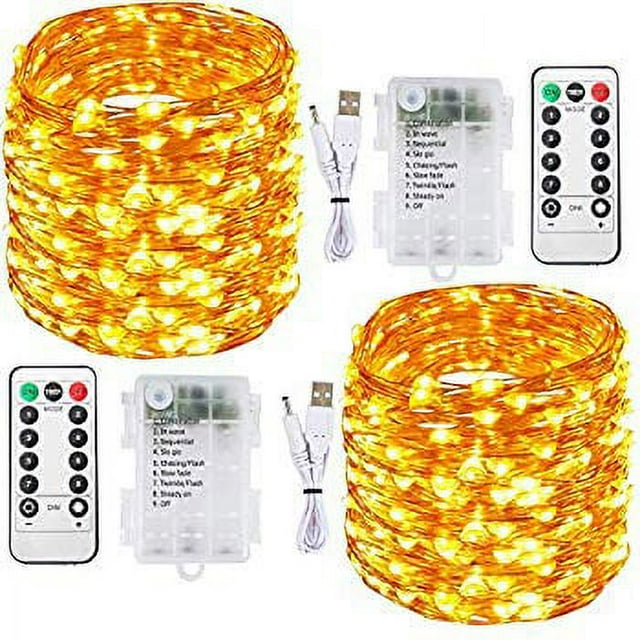 Fairy Lights 2 Pack 100 LED 33 FT Copper Wire Christmas Lights USB & Battery Powered Waterproof LED String Lights with 8 Modes for Indoor Outdoor Bedroom Wedding Party Patio Decor, Warm White