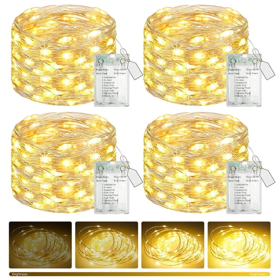 Fairy Lights Battery Opeed, 4 Pack 16FT 50LED Twinkle String Lights with Timer, 8 Modes Dimmable Mini Lights, Waterproof for Indoor Bedroom Wedding Christmas Party Garden Balcony, Warm White