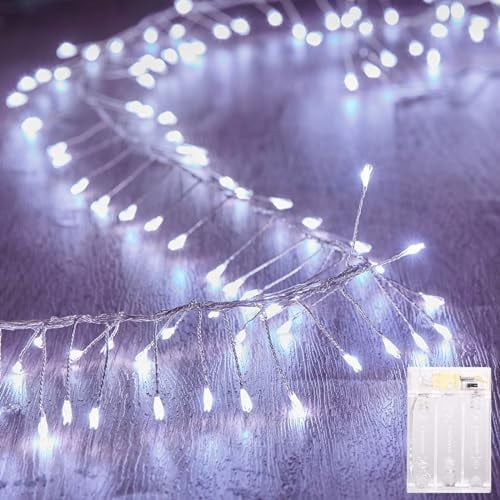 Fairy Lights Battery Operated, 10Feet 120LEDs Firecracker String Lights Waterproof Silver Wire Starry Firefly Light for DIY Wreath Home Weeding Indoor Outdoor Christmas Decorations, Pure White