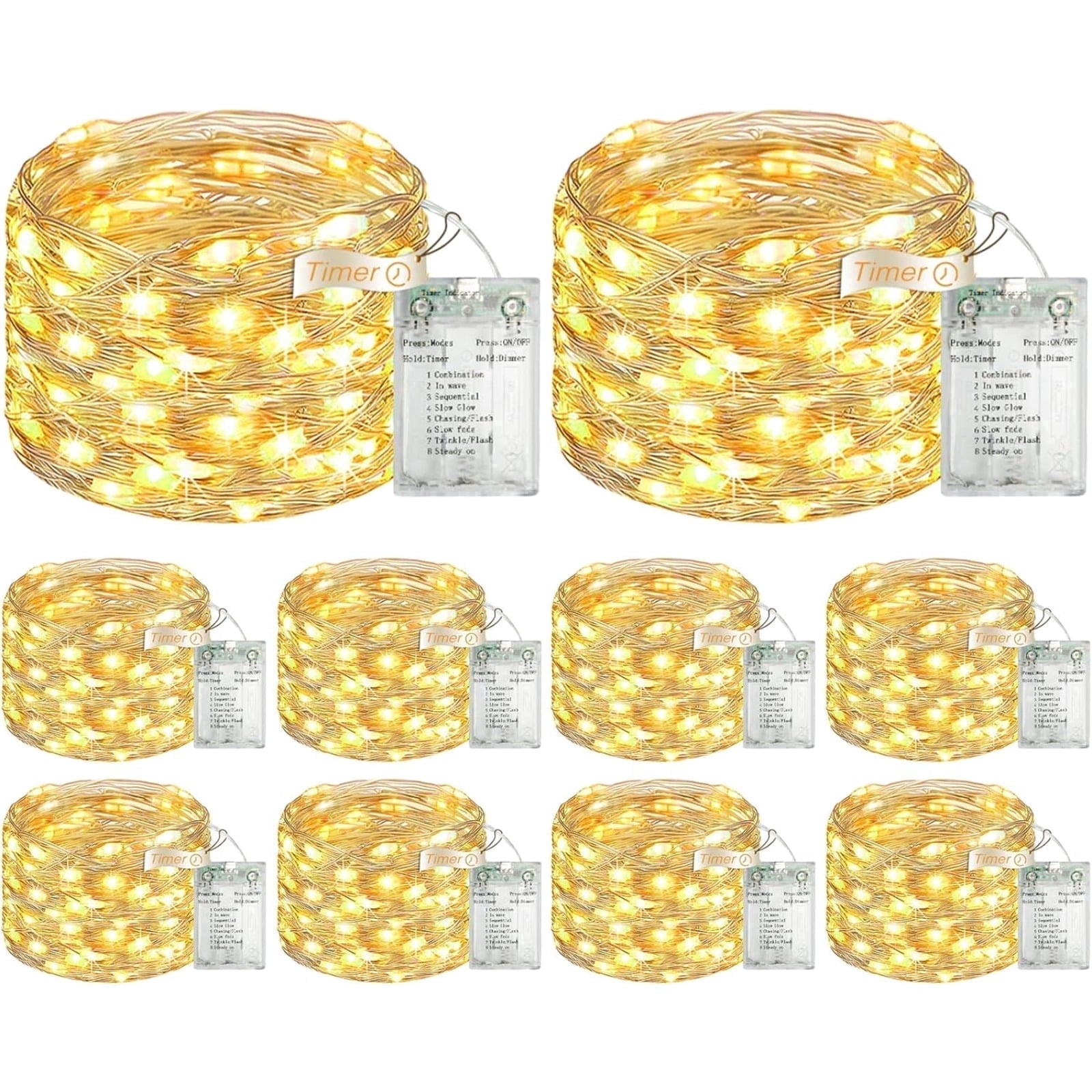 10 Pack 16ft 50 LED Fairy Lights Battery Operated with Timer, 8 Modes USB Mini String Lights Waterproof for Tree Wreath Bedroom Party Wedding Decorations, Warm White
