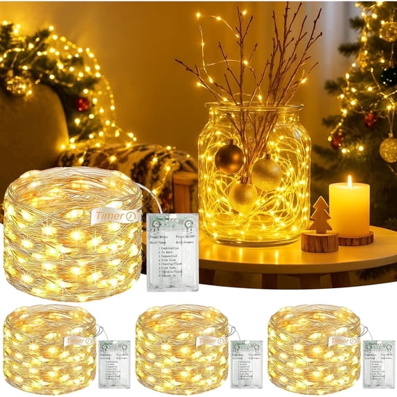 4 Pack 16ft 50 LED Fairy Lights Battery Operated with Timer, 8 Modes USB Mini String Lights Waterproof for Tree Wreath Bedroom Party Wedding Decorations, Warm White